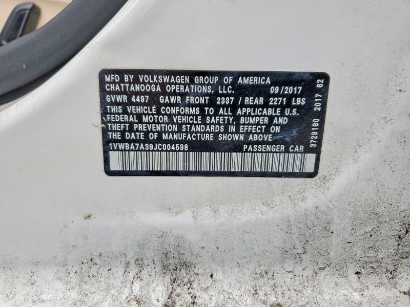 2018 Volkswagen Passat მანქანა იყიდება აუქციონზე, vin: 1VWBA7A39JC004598, აუქციონის ნომერი: 51022986