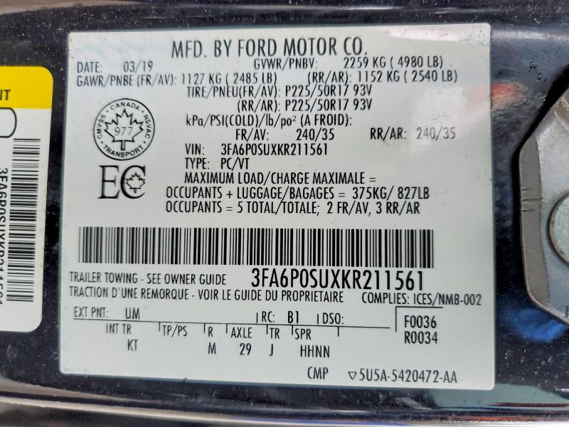 Aukcja sprzedaży 2019 Ford Fusion, vin: 3FA6P0SUXKR211561, numer aukcji: 49745696