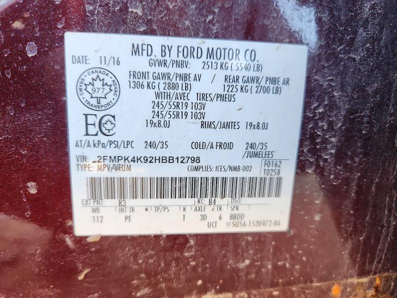 50511566 :رقم المزاد ، 2FMPK4K92HBB12798 vin ، 2017 Ford Edge مزاد بيع