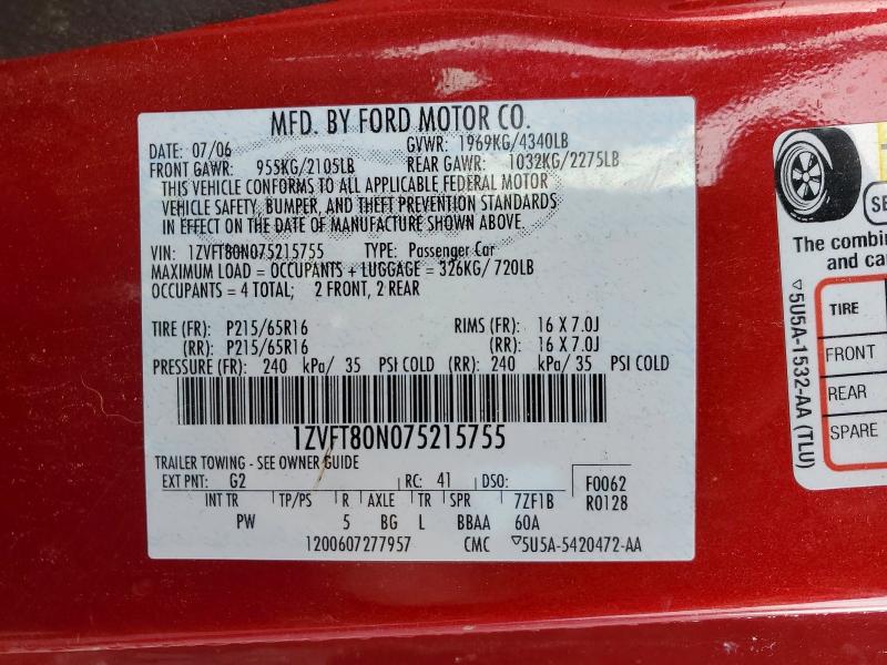 Aukcja sprzedaży 2007 Ford Mustang, vin: 1ZVFT80N075215755, numer aukcji: 50899976