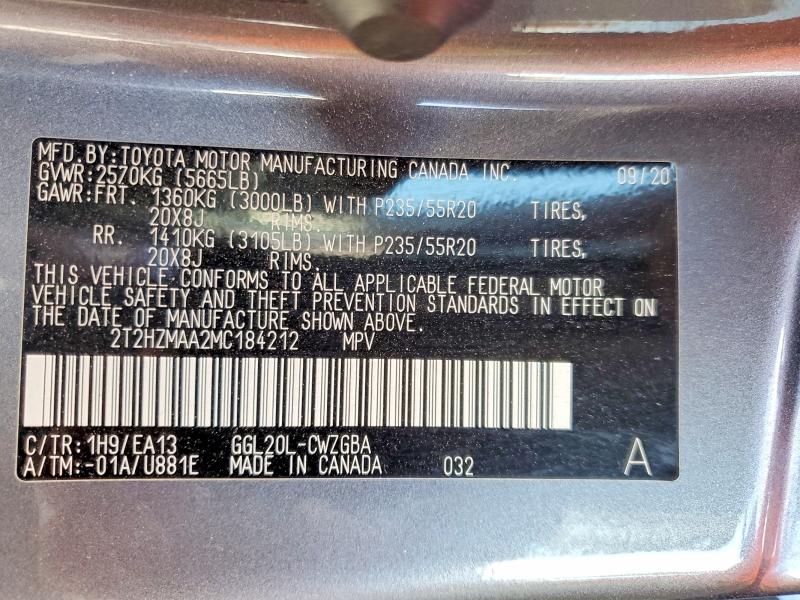 Aukcja sprzedaży 2021 Lexus Rx 350, vin: 2T2HZMAA2MC184212, numer aukcji: 51303716
