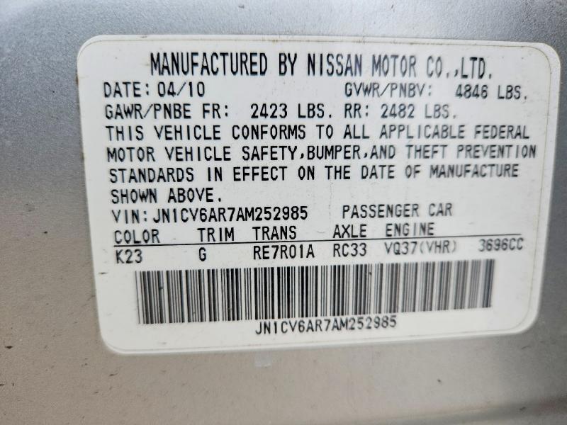 48590566 :رقم المزاد ، JN1CV6AR7AM252985 vin ، 2010 Infiniti G37 Sedan مزاد بيع