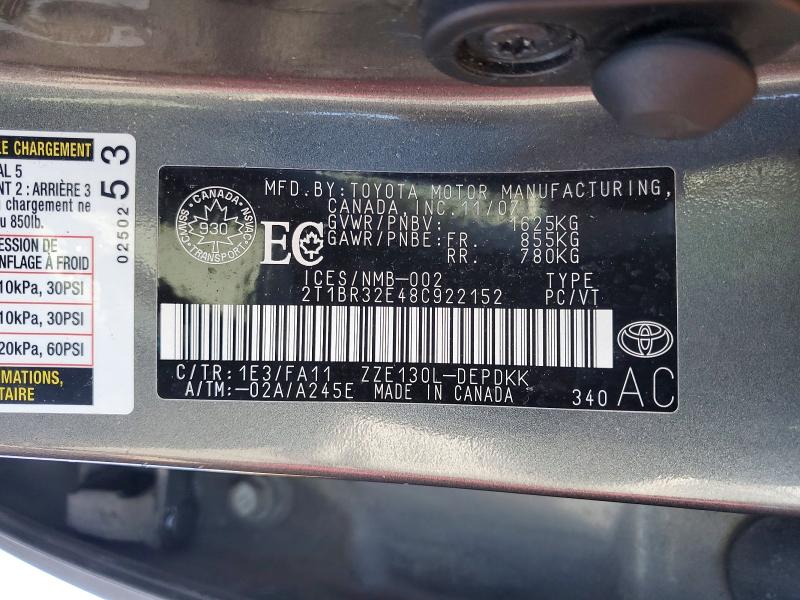 Продаж на аукціоні авто 2008 Toyota Corolla, vin: 2T1BR32E48C922152, номер лоту: 45947796