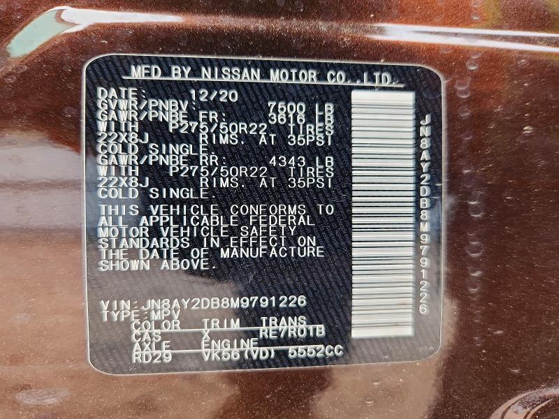 2021 Nissan Armada მანქანა იყიდება აუქციონზე, vin: JN8AY2DB8M9791226, აუქციონის ნომერი: 51147366