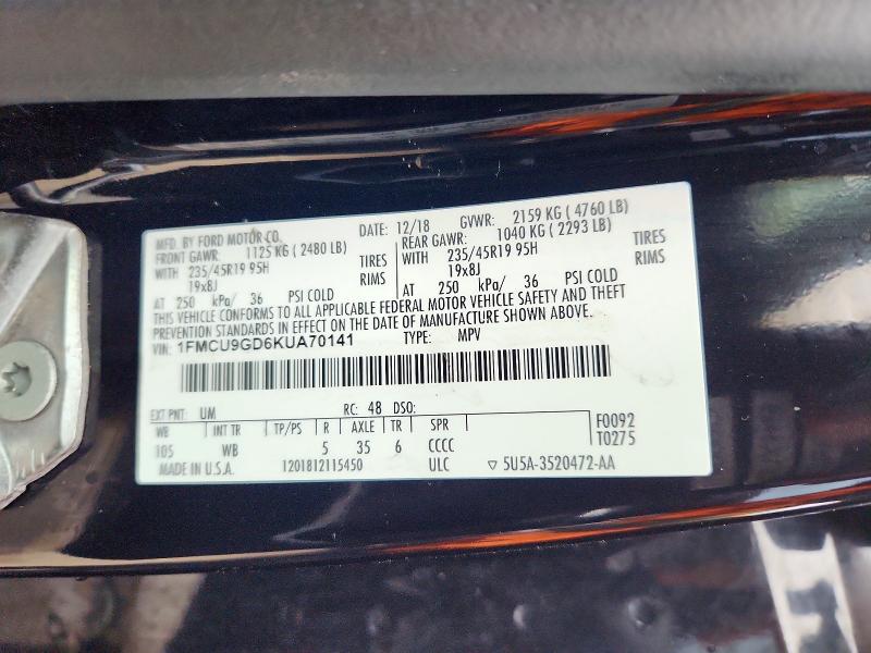 Aukcja sprzedaży 2019 Ford Escape, vin: 1FMCU9GD6KUA70141, numer aukcji: 50940056