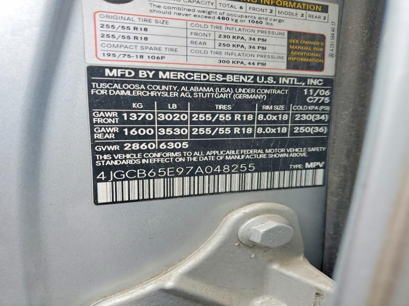 50702936 :رقم المزاد ، 4JGCB65E97A048255 vin ، 2007 Mercedes-benz R مزاد بيع