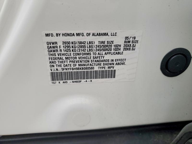 51524246 :رقم المزاد ، 5FNYF6H98KB080580 vin ، 2019 Honda Pilot مزاد بيع
