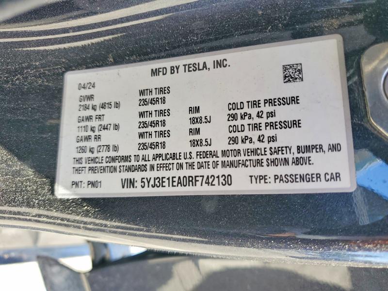 Продажа на аукционе авто 2024 Tesla Model 3, vin: 5YJ3E1EA0RF742130, номер лота: 51316246
