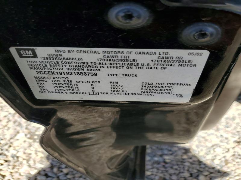 2002 Chevrolet Silverado მანქანა იყიდება აუქციონზე, vin: 2GCEK19T821383759, აუქციონის ნომერი: 50972696