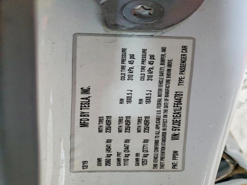 48712036 :رقم المزاد ، 5YJ3E1EA1LF644781 vin ، 2020 Tesla Model 3 مزاد بيع