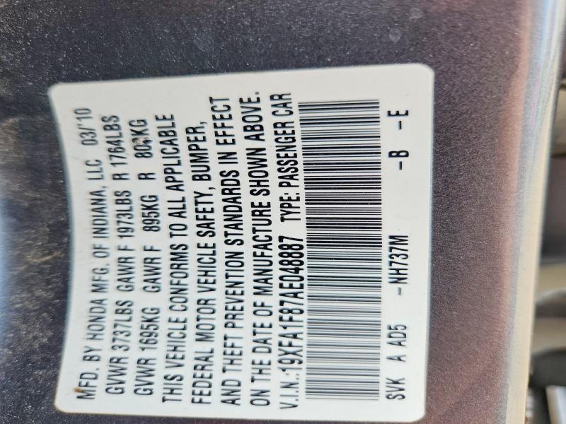 50657536 :رقم المزاد ، 19XFA1F87AE048887 vin ، 2010 Honda Civic مزاد بيع