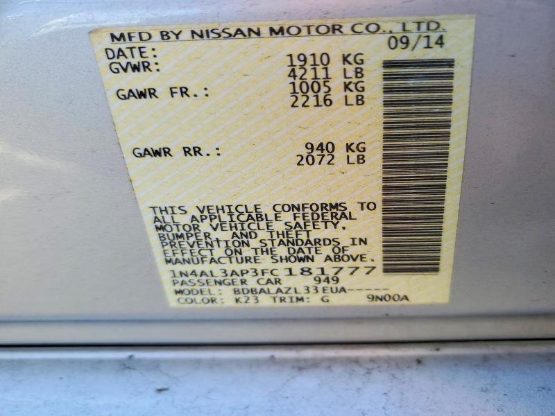 Aukcja sprzedaży 2015 Nissan Altima, vin: 1N4AL3AP3FC181777, numer aukcji: 51019376
