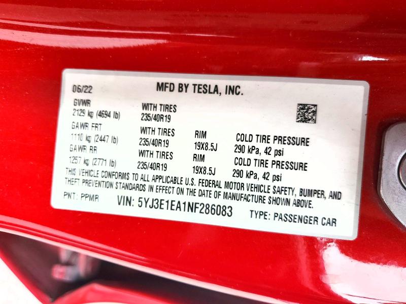 Aukcja sprzedaży 2022 Tesla Model 3, vin: 5YJ3E1EA1NF286083, numer aukcji: 52037466