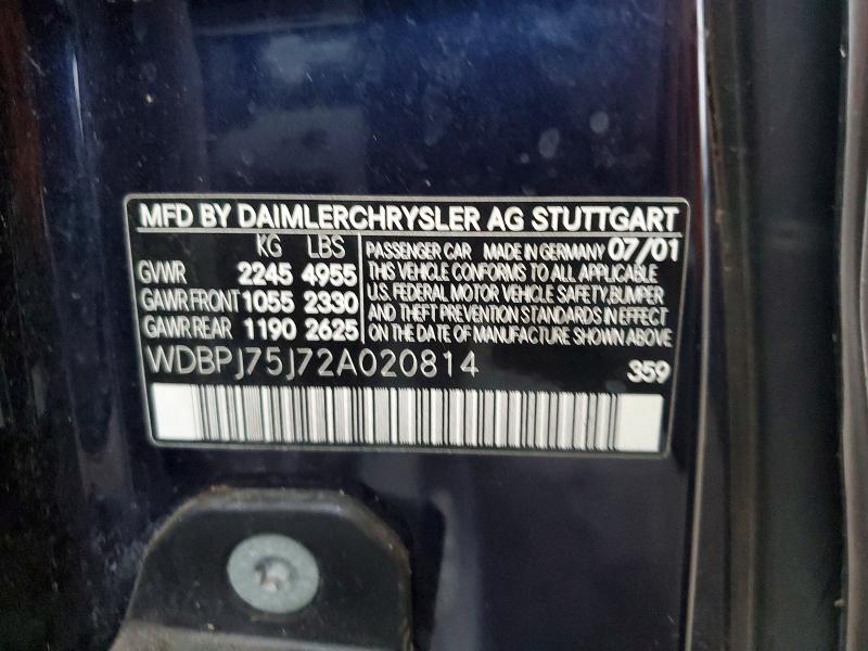 48311326 :رقم المزاد ، WDBPJ75J72A020814 vin ، 2002 Mercedes-benz Cl مزاد بيع