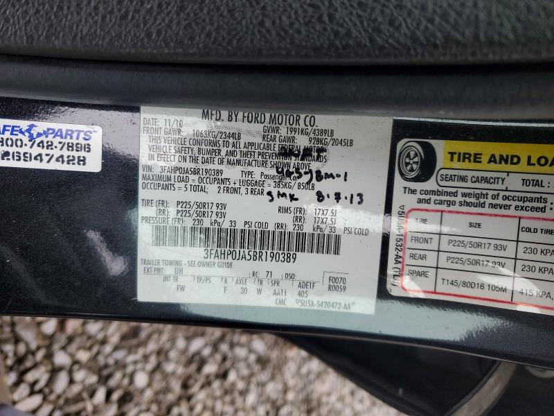 Aukcja sprzedaży 2011 Ford Fusion, vin: 3FAHP0JA5BR190389, numer aukcji: 48286226
