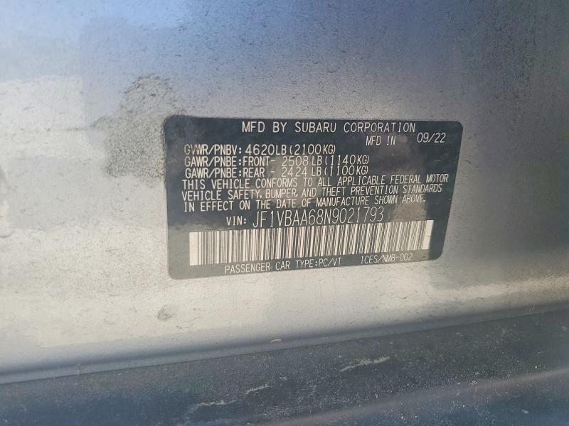2022 Subaru Wrx მანქანა იყიდება აუქციონზე, vin: JF1VBAA68N9021793, აუქციონის ნომერი: 49633526
