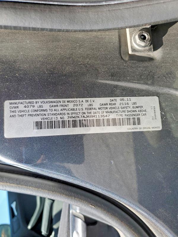 2011 Volkswagen Jetta მანქანა იყიდება აუქციონზე, vin: 3VW2K7AJ6BM113547, აუქციონის ნომერი: 51017926