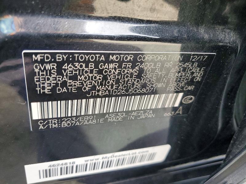 2018 Lexus Is მანქანა იყიდება აუქციონზე, vin: JTHBA1D26J5068071, აუქციონის ნომერი: 50615736