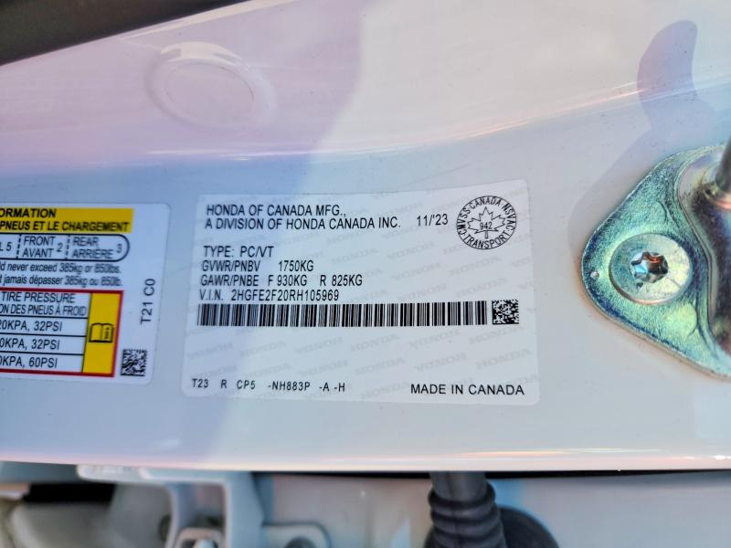 2024 Honda Civic მანქანა იყიდება აუქციონზე, vin: 2HGFE2F20RH105969, აუქციონის ნომერი: 50619176