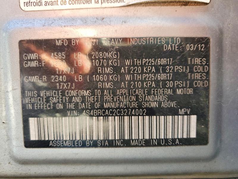 Auction sale of the 2012 Subaru Outback, vin: 4S4BRCAC2C3274002, lot number: 49267876