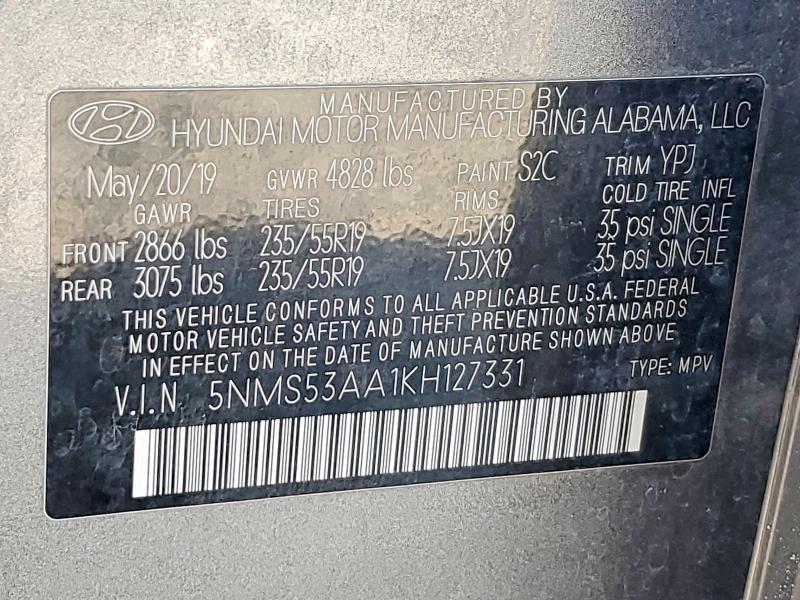Продаж на аукціоні авто 2019 Hyundai Santa Fe, vin: 5NMS53AA1KH127331, номер лоту: 51299536