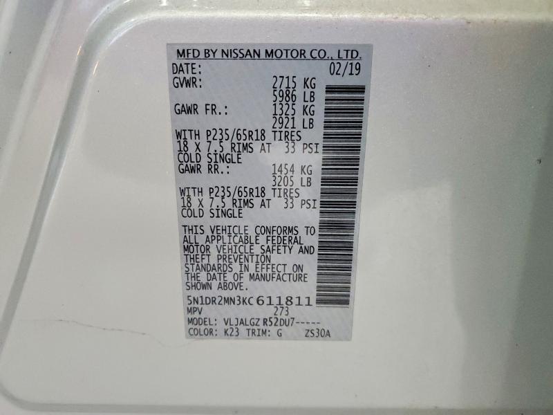 Продаж на аукціоні авто 2019 Nissan Pathfinder, vin: 5N1DR2MN3KC611811, номер лоту: 48902636