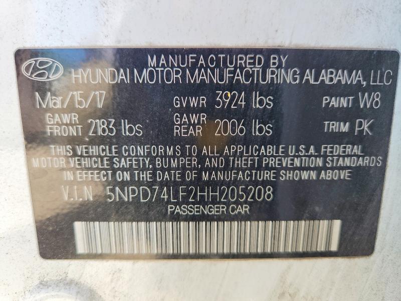 51600786 :رقم المزاد ، 5NPD74LF2HH205208 vin ، 2017 Hyundai Elantra مزاد بيع