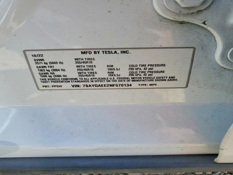 48402056 :رقم المزاد ، 7SAYGAEE2NF570134 vin ، 2022 Tesla Model Y مزاد بيع