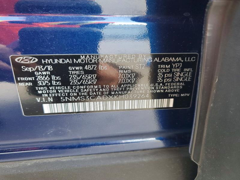 2019 Hyundai Santa Fe მანქანა იყიდება აუქციონზე, vin: 5NMS3CADXKH039264, აუქციონის ნომერი: 51442586
