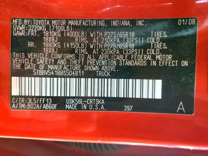 Aukcja sprzedaży 2008 Toyota Tundra, vin: 5TBBV54188S504811, numer aukcji: 49186666
