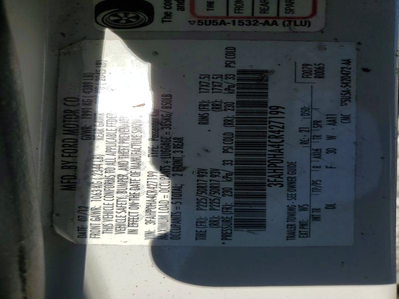 2012 Ford Fusion მანქანა იყიდება აუქციონზე, vin: 3FAHP0HA4CR427199, აუქციონის ნომერი: 49089526