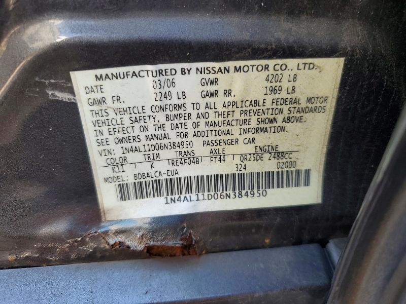 Продажа на аукционе авто 2006 Nissan Altima, vin: 1N4AL11D06N384950, номер лота: 50133016