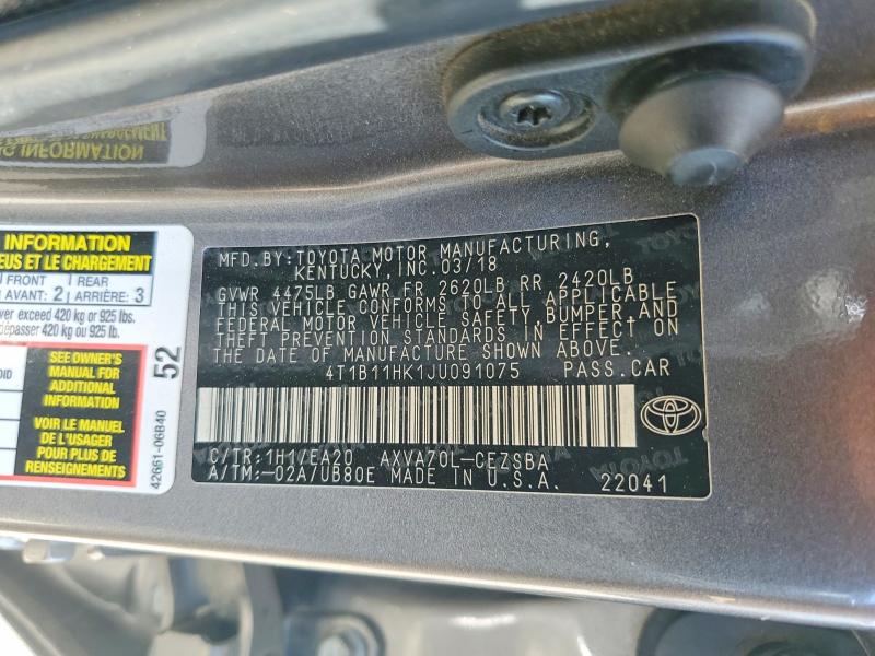 Продажа на аукционе авто 2018 Toyota Camry, vin: 4T1B11HK1JU091075, номер лота: 49836666