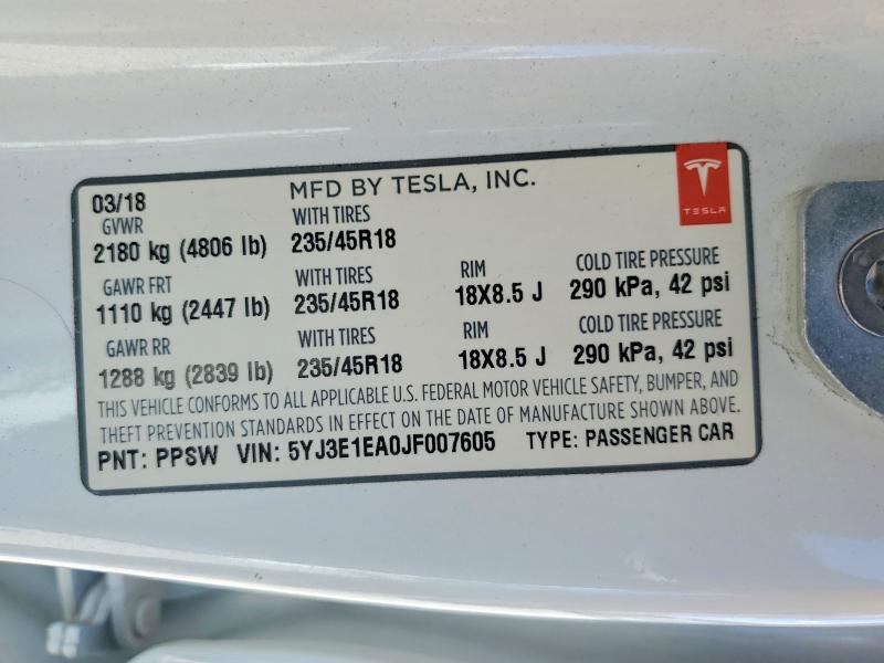 Aukcja sprzedaży 2018 Tesla Model 3, vin: 5YJ3E1EA0JF007605, numer aukcji: 49591696