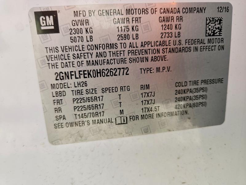 50051636 :رقم المزاد ، 2GNFLFEK0H6262772 vin ، 2017 Chevrolet Equinox مزاد بيع