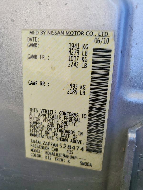 Продаж на аукціоні авто 2010 Nissan Altima, vin: 1N4AL2AP2AN528474, номер лоту: 49624076