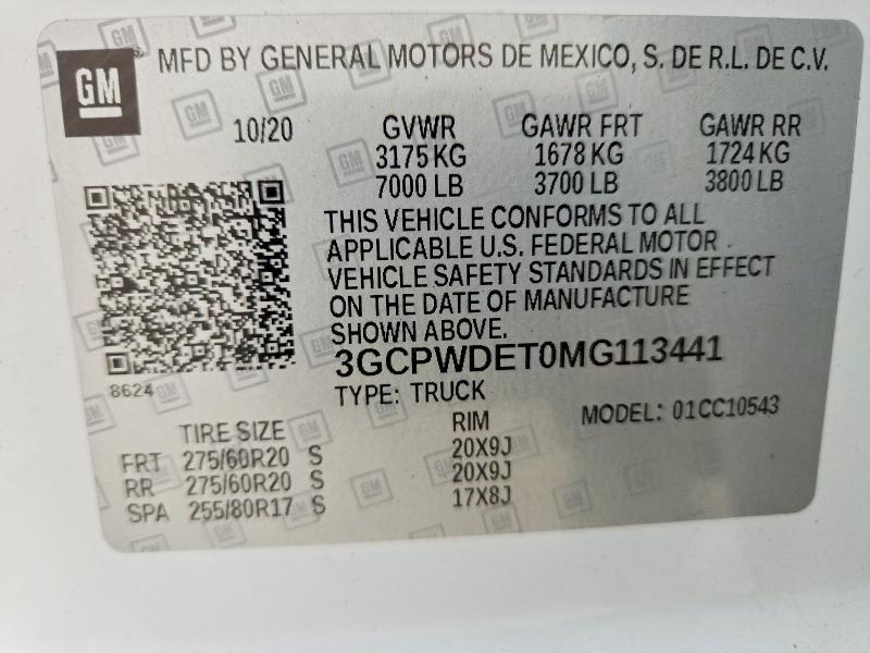 2021 Chevrolet Silverado მანქანა იყიდება აუქციონზე, vin: 3GCPWDET0MG113441, აუქციონის ნომერი: 78047735