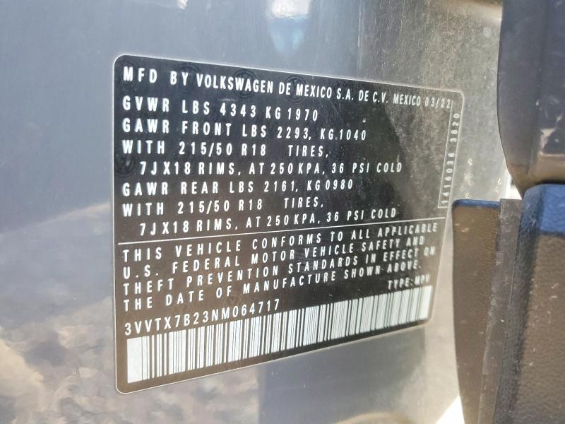 48798336 :رقم المزاد ، 3VVTX7B23NM064717 vin ، 2022 Volkswagen Taos مزاد بيع