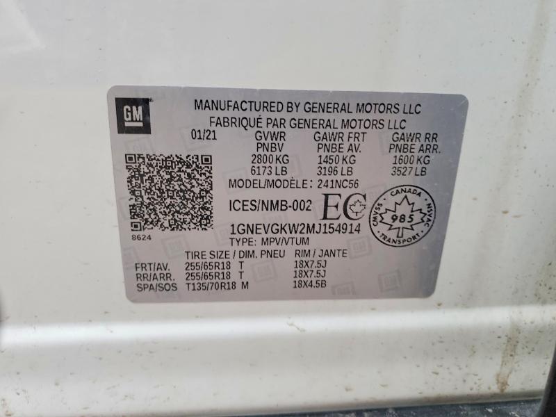 Продаж на аукціоні авто 2021 Chevrolet Traverse, vin: 1GNEVGKW2MJ154914, номер лоту: 48563696