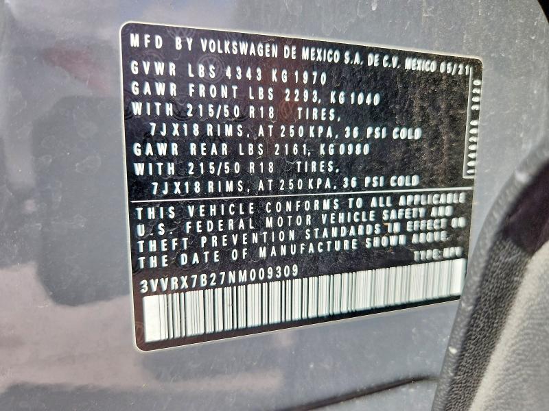 49717846 :رقم المزاد ، 3VVRX7B27NM009309 vin ، 2022 Volkswagen Taos مزاد بيع