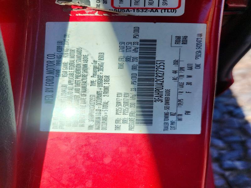 2012 Ford Fusion მანქანა იყიდება აუქციონზე, vin: 3FAHP0JA2CR272551, აუქციონის ნომერი: 51700816