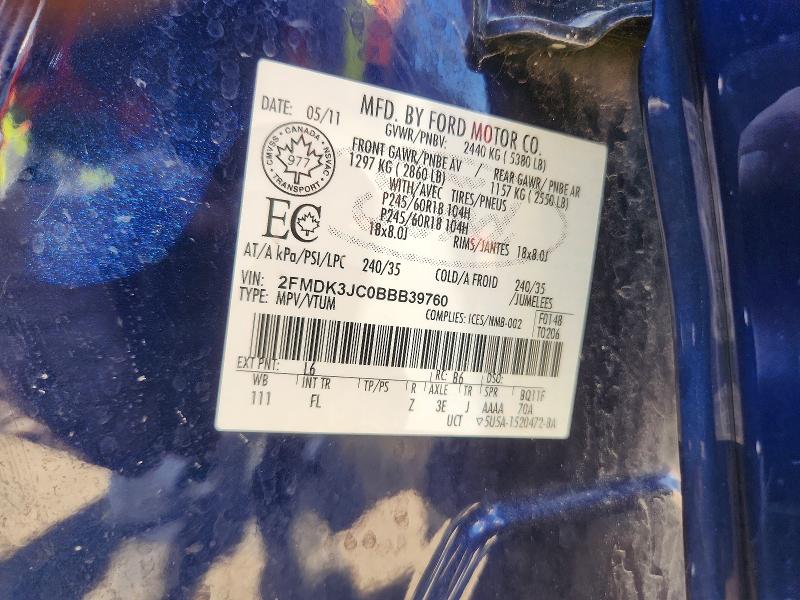 52140616 :رقم المزاد ، 2FMDK3JC0BBB39760 vin ، 2011 Ford Edge مزاد بيع