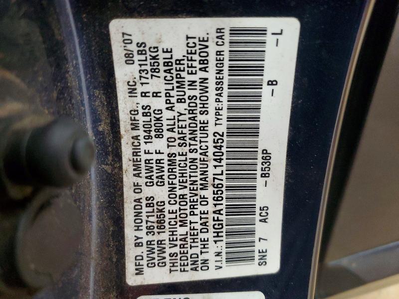 49421086 :رقم المزاد ، 1HGFA16567L140452 vin ، 2007 Honda Civic مزاد بيع