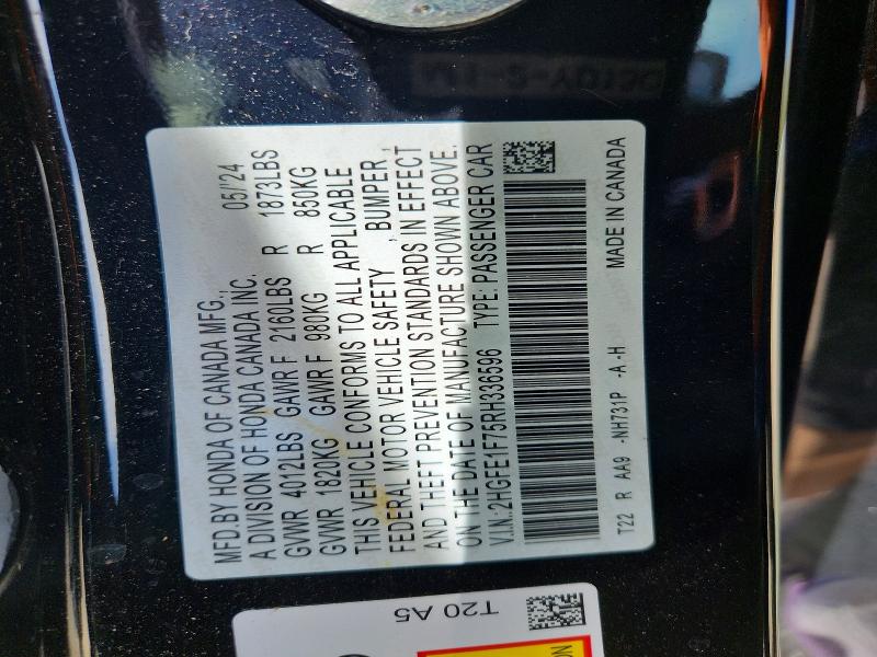 2024 Honda Civic მანქანა იყიდება აუქციონზე, vin: 2HGFE1F75RH336596, აუქციონის ნომერი: 49553186