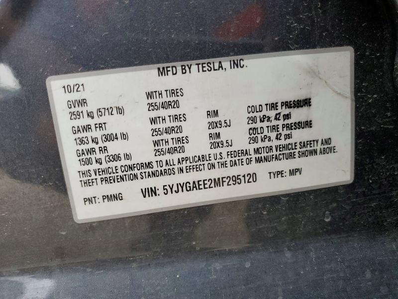 2021 Tesla Model Y მანქანა იყიდება აუქციონზე, vin: 5YJYGAEE2MF295120, აუქციონის ნომერი: 51309356