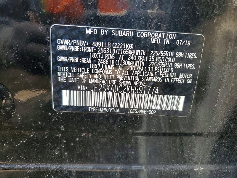 Auction sale of the 2019 Subaru Forester, vin: JF2SKAUC2KH591774, lot number: 51528376
