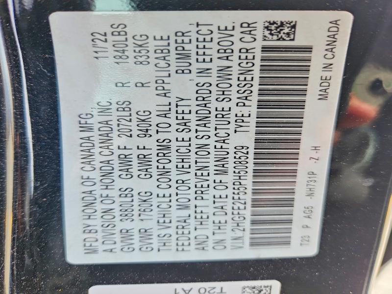 50182296 :رقم المزاد ، 2HGFE2F55PH508529 vin ، 2023 Honda Civic مزاد بيع