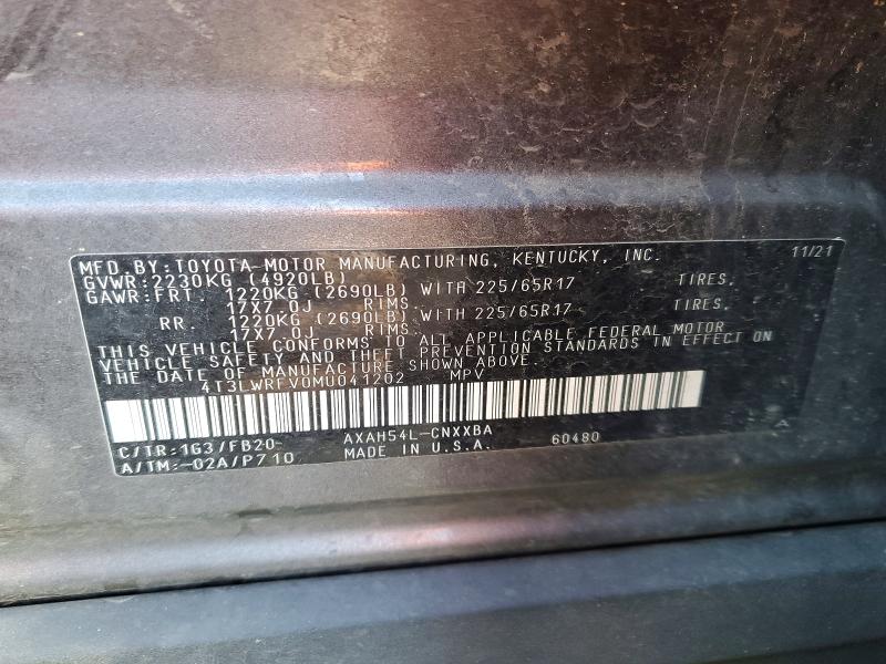 2021 Toyota Rav4 მანქანა იყიდება აუქციონზე, vin: 4T3LWRFV0MU041202, აუქციონის ნომერი: 51607666