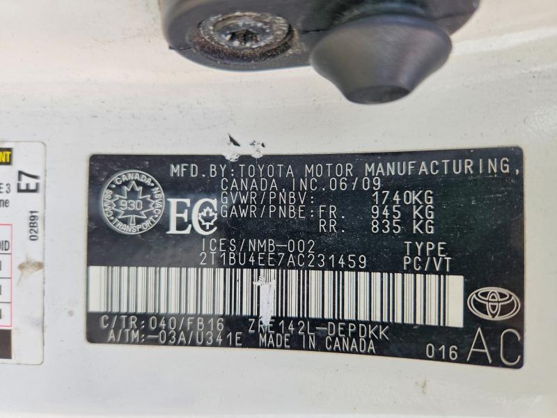 50369826 :رقم المزاد ، 2T1BU4EE7AC231459 vin ، 2010 Toyota Corolla مزاد بيع