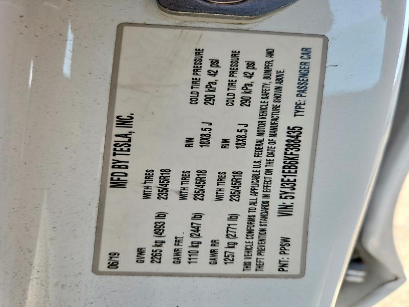 2019 Tesla Model 3 მანქანა იყიდება აუქციონზე, vin: 5YJ3E1EB6KF388435, აუქციონის ნომერი: 48345156